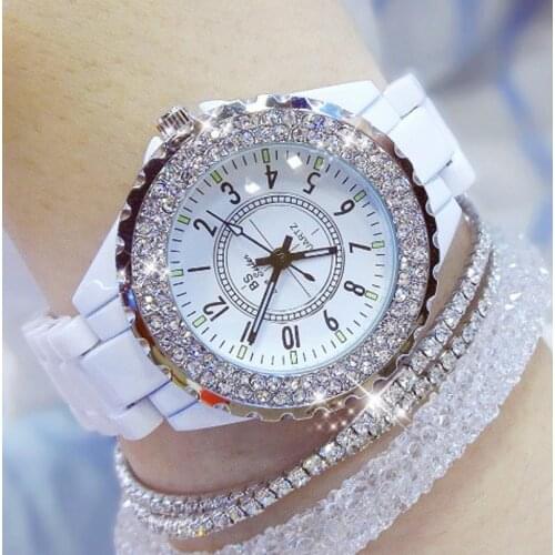 Summer BS Brand Full Crystal Ceramics Band Black Watch Women Luxury Czech Stones Watch Lady Zircon Rhinestone Bangle Bracelet