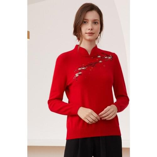 Zhili Womens Chinese Collar Knit Floral Red Cashmere Sweater