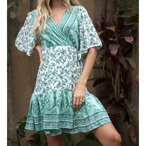 Happie Queens women lace-up sashes v-neck floral print beach Bohemian mini dress Ladies Summer rayon cotton Boho dress vestidos