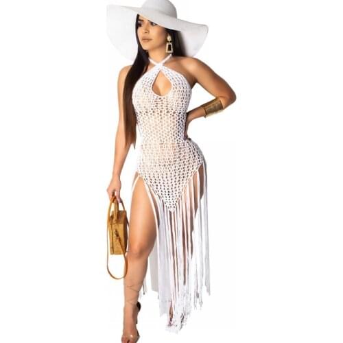 Tassel Cover Up Dress Women Sleeveless Backless Knitted Hollow Out Fashion Sexy Beach Style Swimwear Dress Bikini Cover Up 2021
