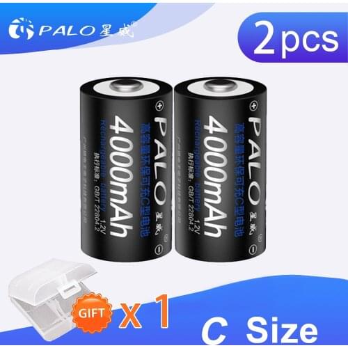 2Pcs*PALO C Size 1.2V 4000mAh Rechargeable Batteries NI-MH Battery For Camera/Toy Instruments/Microphone Gas Cooker Storage Case