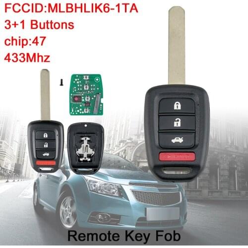 3+1 Buttons 433MHz Keyless Remote Car Key Fob with ID47 Chip MLBHLIK6-1TA Fit for 2016 2017 2018 2019 Honda Civic