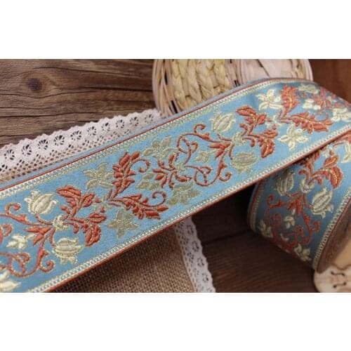 5yards/lot Woven Jacquard Ribbon Flowers Embroidered light blue 5.7cm ls-0017