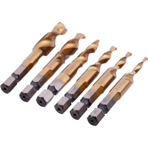 6Pcs HSS Titanium M3 - M10 Combination Hex Deburr Countersink Tap Drill Bit Set