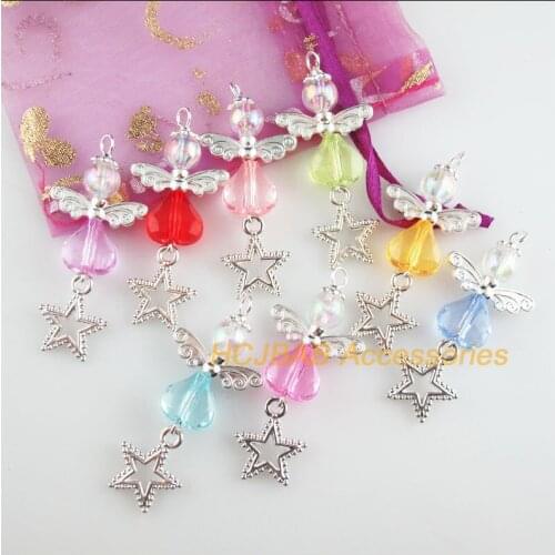 8 New Angel Charms Silver Plated Mixed Acrylic Heart Star Pendants 21.5x48mm