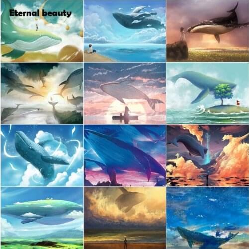 Diamond Painting Cross Stitch Kits Little Girl Touch The Whale Landscape Wall Art Full Diamond Embroidery Round Square Drill
