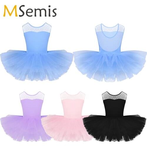 Kids Girls Sleeveless Stretch Mesh Splice U-shaped Back Ballet Dance Gymnastics Leotard Tutu Dress Ballerina Fairy Prom Costumes