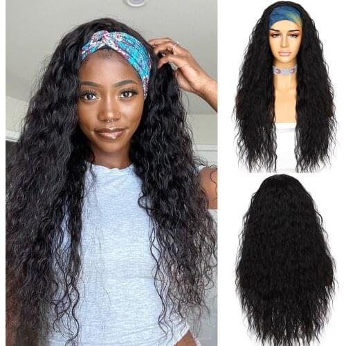 Krismile Long Kinky Curly Headband Black Wig Daily Party Travel Holidays No Gel Glueless Wig for Women Drag Queen 2 Free Bands