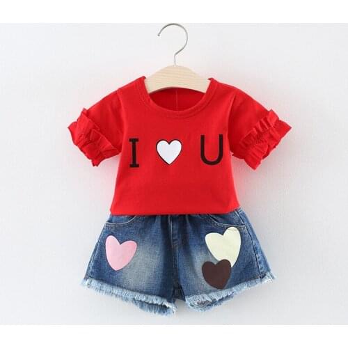 Dulce Amor Girls Clothes Set 2PC Short Sleeve Print I Love U Tops +Love Heart Denim Shorts Baby Kids Suit For Girls Clothing