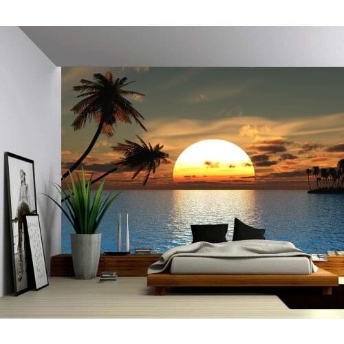 Custom 3D Photo Wallpaper Tropical Sunset Ocean Palm Tree Wall Mural, Removable Decor Self-adhesive PVC Wall Stickers