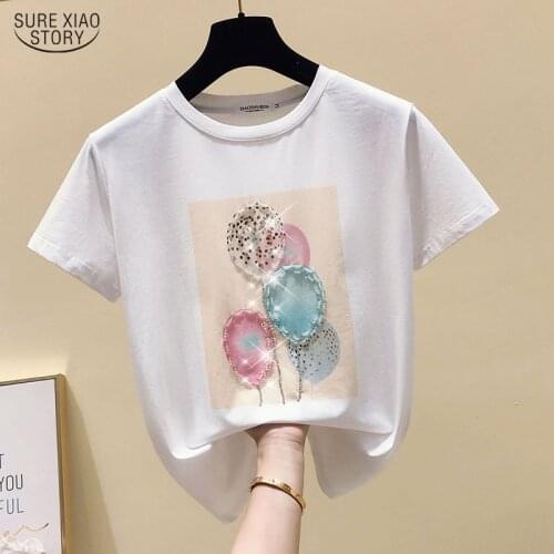 Korean Cotton T Shirt Women Summer Short Sleeve Top Harajuku White Womens T-shirt Femme Diamonds O-Neck Basic Tshirt 9641