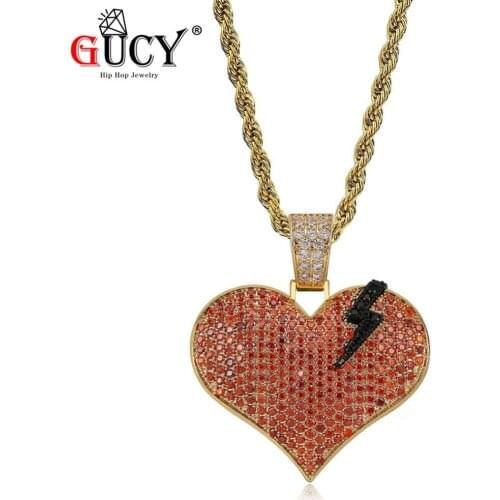 GUCY Red Broken Heart With Lightning Pendant Necklace Iced Out Bling Cubic Zirconia Charm Jewelry Hip Hop Gold Silver Color Gift