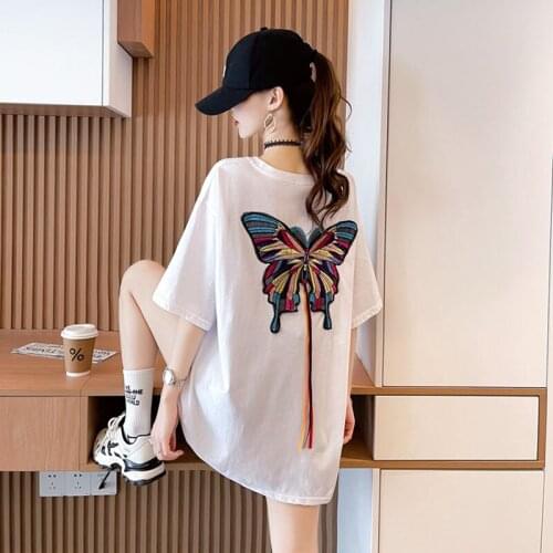 Embroidery Butterfly Cotton T Shirt Women Long Loose Casual Summer T-Shirt Short Sleeve Woman Clothes Tops Tee Shirt Femme