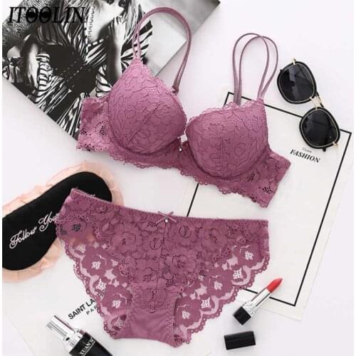 ITOOLIN Design Bras Set For Women Invisible Push Up Bra Set Underwear Lace Bralette Sexy Lingerie Femme Sheer Bra Wireless Sweet