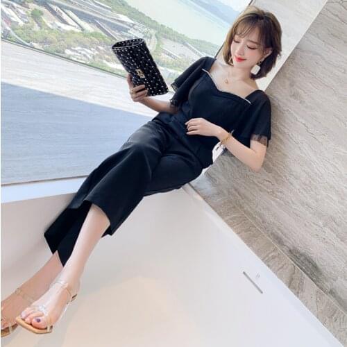 Awarose Summer Square Neck Ruffle Sleeve High Waist Jumpsuits Women Fashion Solid Color Wide Leg Pant Playsuit Female Clothes