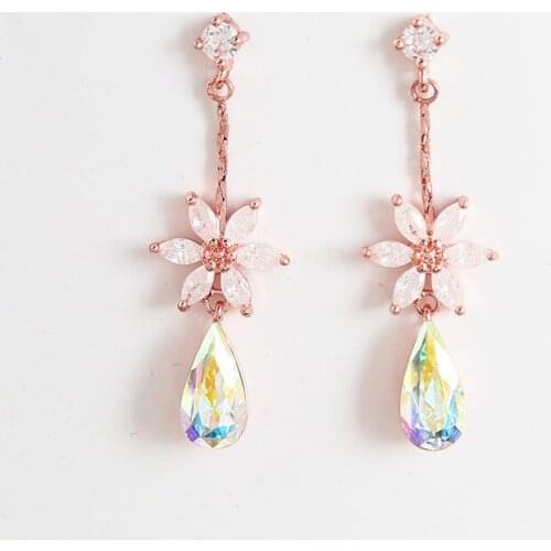Korean Pop Jewelry Simple Elegant Cute Gem Crystal Flower Water Drop Earrings Women Gift Sweet Accessories Good Gift