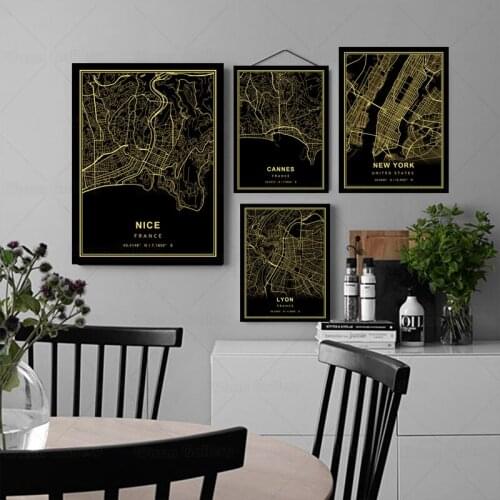 Map Nice，Cannes， New York，Lyon chwarz Goldene Nordic Poster Wand Kunst Leinwand Malerei Wohnzimmer Decor