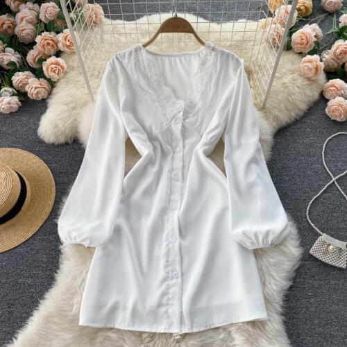 2021 Autumn New Temperament Vestidos Female V-neck Puff Sleeve Lace Stitching Lace-up Waist Slim Mini Dress DF731