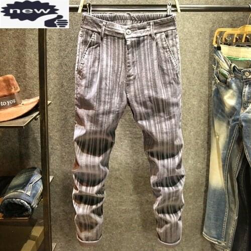 Autumn Winter Men Grey Striped Casual Pencil Pants Street Style Cotton Micro-Elasticity Fashion Trendy New Corduroy Trousers