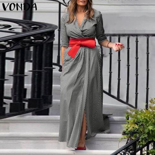 Casual Lapel Collar Long Sleeve Dress 2021 VONDA Autumn Dresses Loose Vintage Checked Plaid Pleated Sundress Women Vestidos