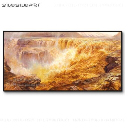 Professional China Artist Hand-painted High Quality Landscape Majestic Hukou Waterfall Oil Painting on Canvas Waterfall Painting
