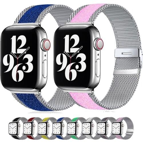 Shiny Strap For Apple watch band 40mm 44mm 38mm 42mm 40 44 mm Soft Elastic Nylon+milanese bracelet iWatch serie 3 4 5 6 se band