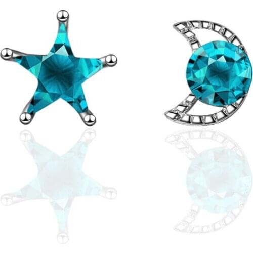 TJP Fashion Blue Star Moon Women Crystal Stud Earrings Jewelry Girl Trendy 925 Silver Earrings For Lady Party Accessories Bijou
