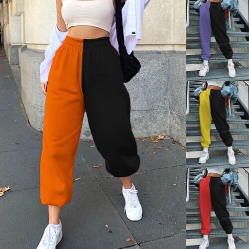 Women Autumn Patchwork Harem Pants Color Block High Waist Women Ankle Tied Cargo Trousers Long Straight Trousers for Sports 2021