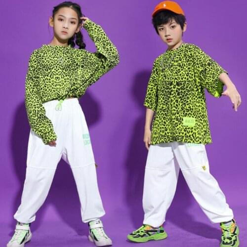 Kds Hip Hop Dancing Clothing Crop Top Leopard Sweatshirt Top Tactical Cargo Pants for Girls Stage Jazz Dance Costume Clothes