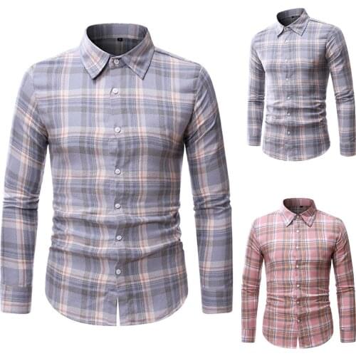 Vintage Men Shirts Mens Slim Plaid Turndown-collar Long Sleeve Casual Shirt Top Blouse Korean Fashions Male Clothes #01