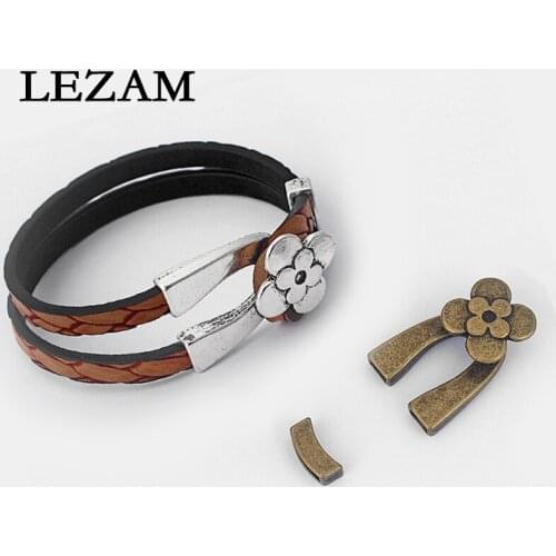 10sets Antique /Bronze Flower Horseshoe Hook Clasp For 5*2mm Flat Leather Cord Diy Bracelet Jewelry Making Findings