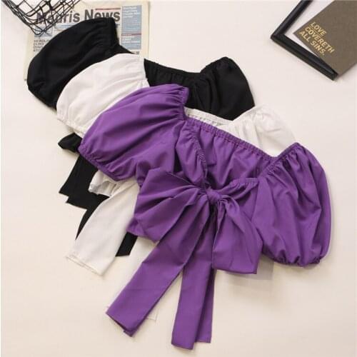 European Summer New Design Sense Strapping Bowknot Solid Color Off-shoulder Pleated Slim Puff Sleeve Short Shirt Tops Women 2021