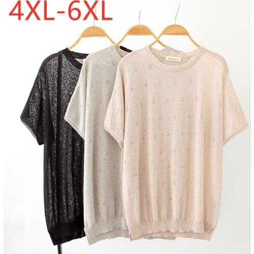 New 2021 Ladies Summer Plus Size Knit Tops For Women Large Short Sleeve Loose Thin Pink Khaki O-neck T-Shirt 4XL 5XL 6XL