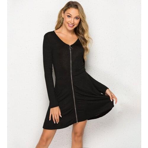 Autumn Spring Dresses Women Casual Long Sleeve Front Open Zip Black Mini Dress Skinny Sexy Dress Office Work A Line Dress