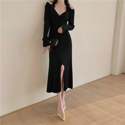 Suspender Knitted Dress Womens Autumn Vintage Winter Long Sleeve Tight Wrap Hip Mid Long Dress Long Sleeve Sexy Office Lady