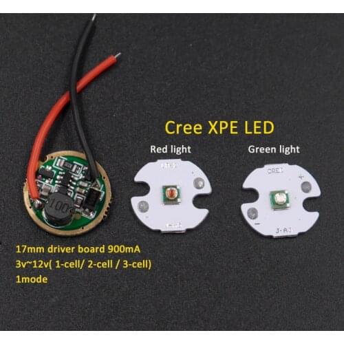 16mm Cree XPE Green Red light LED Chip + 17mm 1-mode 3v~12v Input 900mA Circuit Board for Cree 3w 5w Q5 XPE XP-G2 LED Flashlight