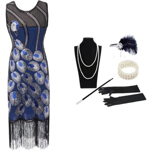 The 1920s retro sequined dress peacock nail bead fashion banquet dress and headpiece gloves five-piece