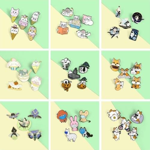 4~5pcst Cartoon animal Enamel Pin Set Cat rabbit alpaca, pumpkin skull Brooch Badge Creative Gifts for children Lapel Pins Gifts