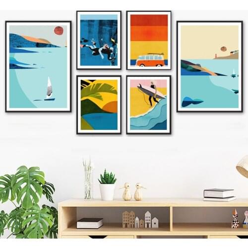 Abstract Landscape Nordic Poster Travel surf Diving Palm Leaf Wall Art Print Canvas Painting Wall Pictures For Living Room Decor