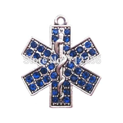 Antique silver plated studded with sparkling crystals EMT Emergency Medical Technician Blue Crystal Pendant