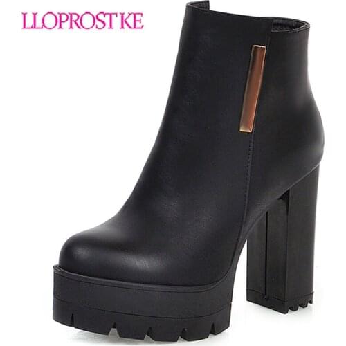 Lloprost ke Ankle Boots Women High Heels Thick Boot Female Metal Platform Shoes Ladies Round Toe Shoes Winter Big Size 33-48