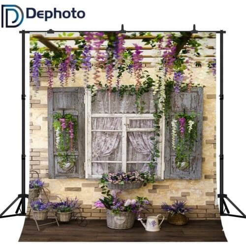 DePhoto Photography Backdrops Spring Courtyard Wistaria Flowers Wood Pergola Decorated Retro Window Photo Background Photocall