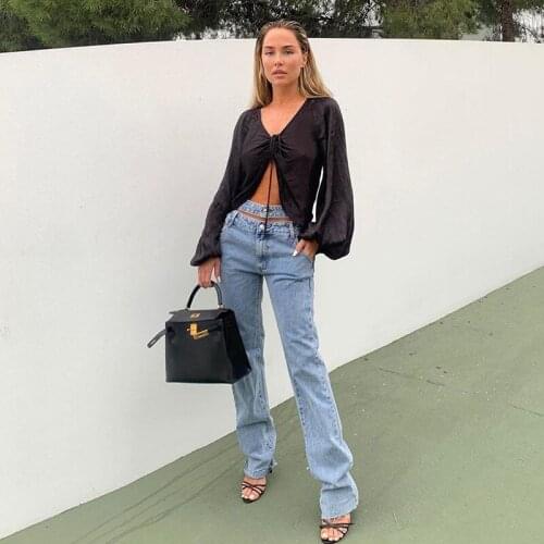 Long Denim Jeans for Women E-Girls High Waist Straight Trouses with Above Navel Waist Belt for Ladies Autumn Spring Wear