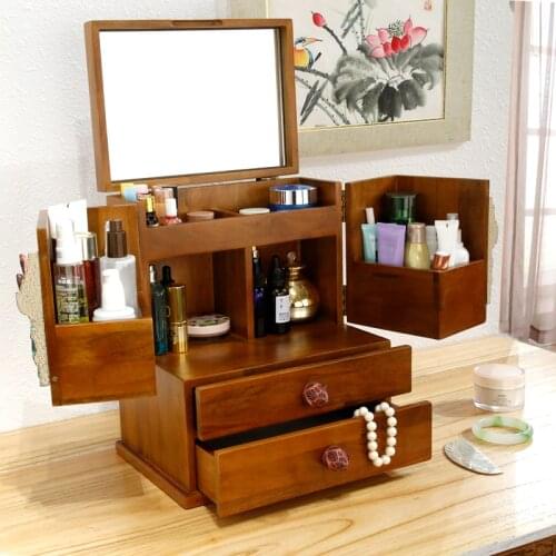 Chinese Style Handmade Cosmetic Storage Box Desktop Mirror Wooden Shelf Skin Care Lipstick Dressing Table Jewelry Makeup Box