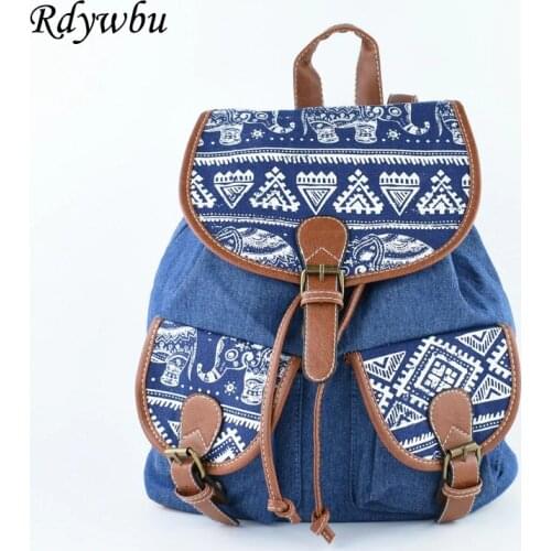 Rdywbu Fashion Cowboy Elephant Animal Printing Denim Backpacks Designer Drawstring Canvas Female School Bag Travel Rucksack H200