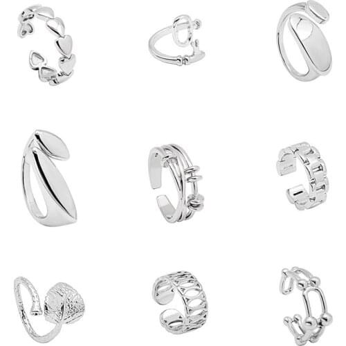 Trendy Vintage Geometric Opening Rings For Women Girls Retro Style Heart Leaf Feather Adjustable Finger Jewelry Gifts