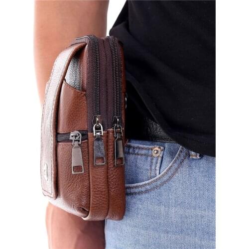 High Quality Men Waist Bag Retro Simple Mobile Phone Case Button Zipper PU Leather Waist Bag Outdoor Travel Waist Bag Wallet