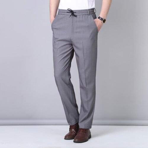Mens casual pants fitness straight polyester blends long trousers plus size 2019 summer elastic waist light grey slacks