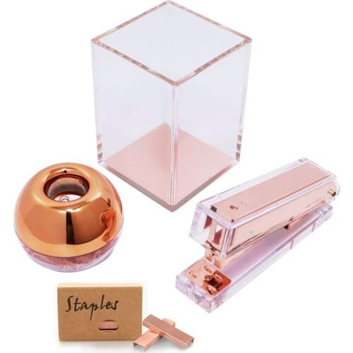 Rose Gold Acrylic Desk Set Assortment Stapler Paper Clips Holder Dispenser Pen Holder Clear Acrylic Office Accessories