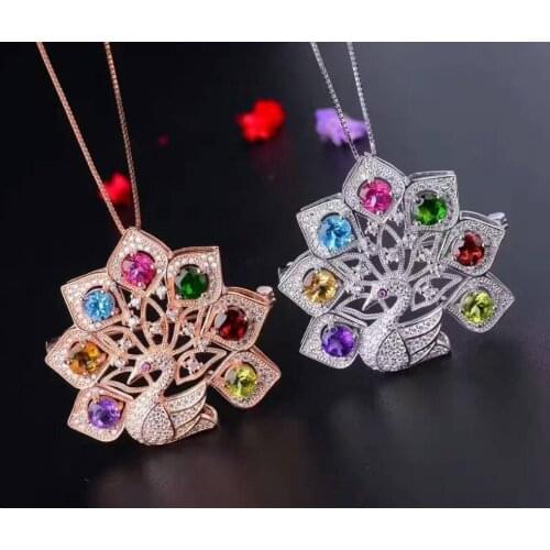 Natural multicolor tourmaline brooch S925 silver Natural gemstone brooch Pendant trendy Peacock Wings women two wears jewelry